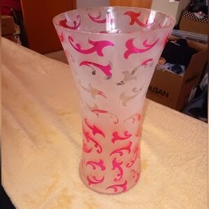 Decorative pink etched glass 10 inch vase